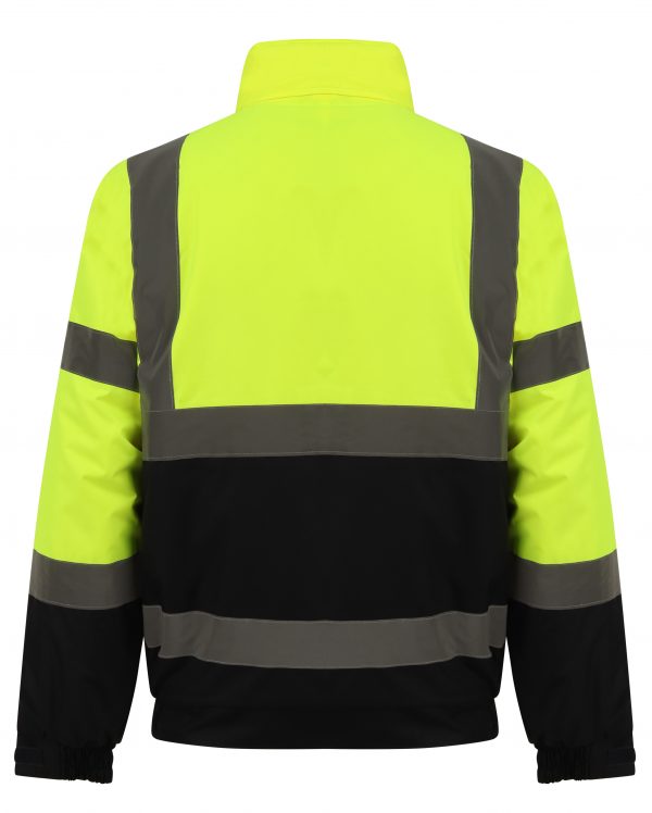 Back of Yellow Hi vis bomber jacket with two tone accents on the sleeve and bottom of the jacket. Two waist bands and shoulder bands. 