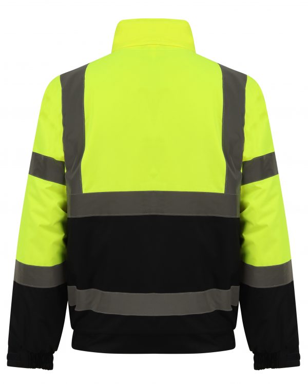 Back of Yellow Hi vis bomber jacket with two tone accents on the sleeve and bottom of the jacket. Two waist bands and shoulder bands.