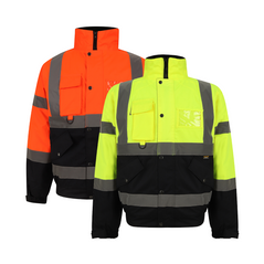 Orange and Yellow Hi vis bomber jacket with two tone accents on the sleeve and bottom of the jacket. Two waist bands and shoulder bands. Pop button fasten with a id holder, chest and waist pockets.