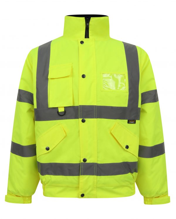 Yellow Hi vis bomber jacket with two waist bands and shoulder bands. Pop button fasten with a id holder, chest and waist pockets.