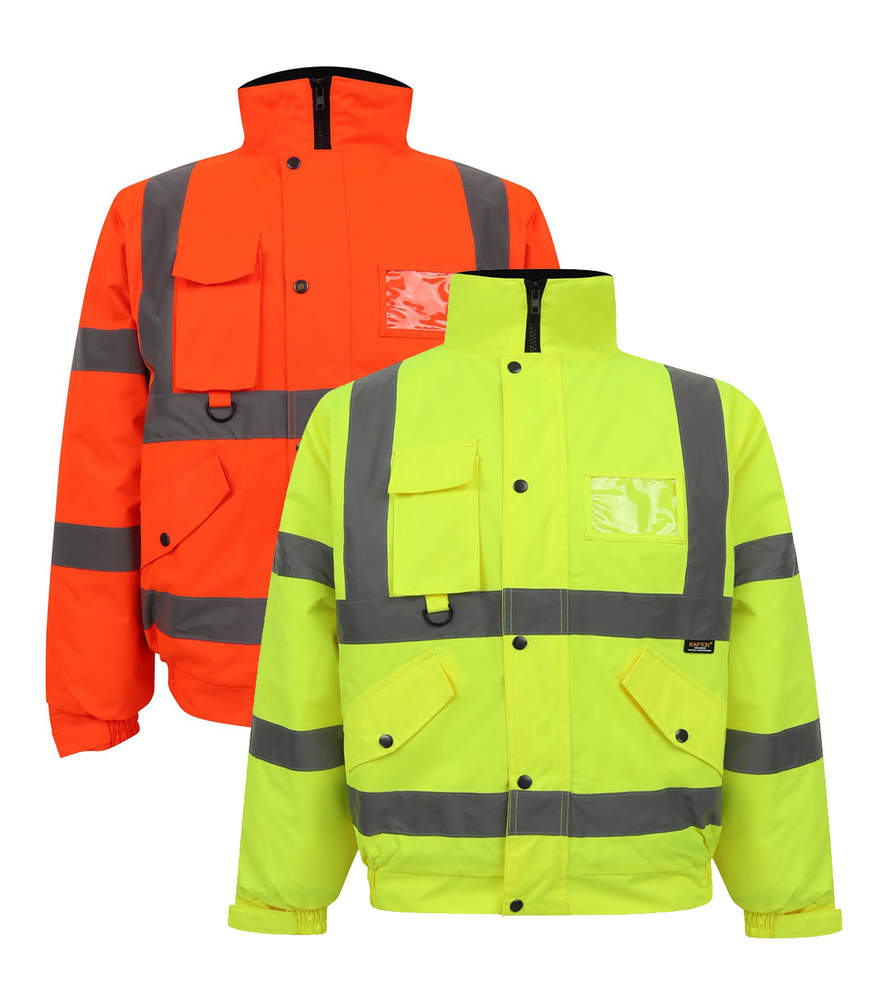 Orange and Yellow Hi vis bomber jacket with two waist bands and shoulder bands. Pop button fasten with a id holder, chest and waist pockets.
