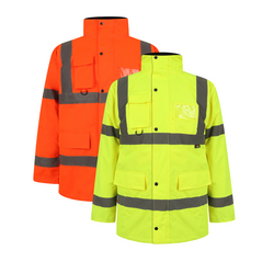 Orange and Yellow Hi vis Traffic jacket with two waist bands and shoulder bands. Pop button fasten with a id holder and waist pockets.