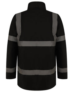 Black Hi vis Traffic jacket with two waist bands and shoulder bands. Pop button fasten with a id holder and waist pockets.