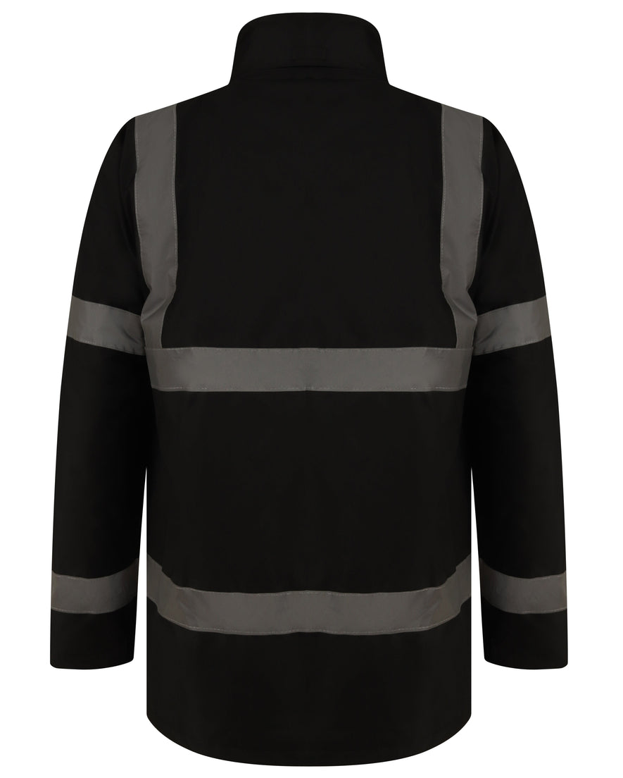Black Hi vis Traffic jacket with two waist bands and shoulder bands. Pop button fasten with a id holder and waist pockets.