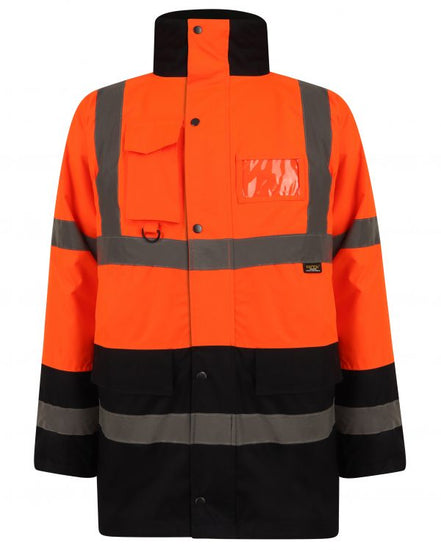 Orange Hi vis Traffic jacket with two tone accents on the collar, bottom of the sleeve and bottom of the jacket. Two waist bands and shoulder bands. Pop button fasten with a id holder and waist pockets.