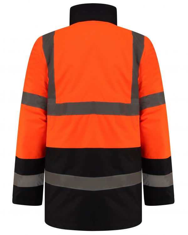 Back of Orange Hi vis Traffic jacket with two tone accents on the collar, bottom of the sleeve and bottom of the jacket. Two waist bands and shoulder bands.