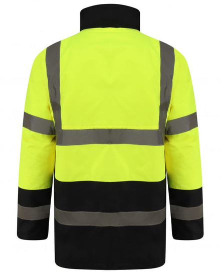 Back of Yellow Hi vis Traffic jacket with two tone accents on the collar, bottom of the sleeve and bottom of the jacket. Two waist bands and shoulder bands. 