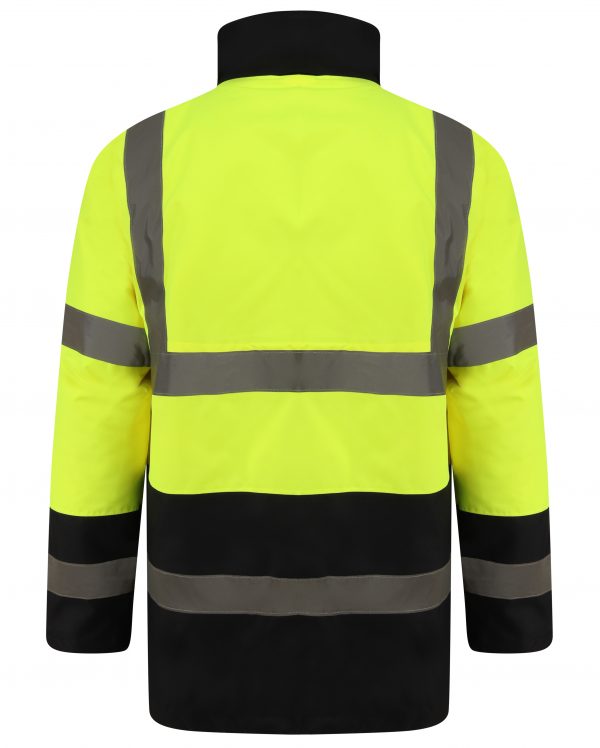 Back of Yellow Hi vis Traffic jacket with two tone accents on the collar, bottom of the sleeve and bottom of the jacket. Two waist bands and shoulder bands.