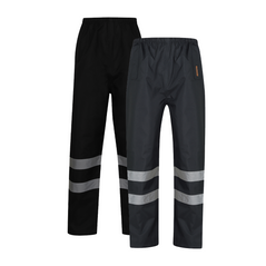 Black and Navy Hi vis over trousers Trousers have two hi vis bands and elasticated waist for tightening.