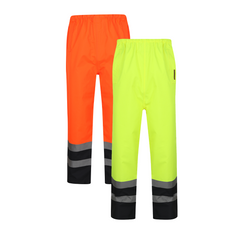 Orange and Yellow Hi vis over trousers with two tone accents on the bottom of the trouser. Trousers have two hi vis bands and elasticated waist for tightening.