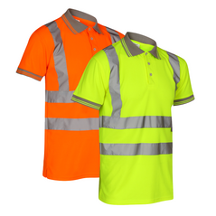 Orange and Yellow Hi vis polo shirt short sleeve with grey accents on the collar and wrist cuff. Polo Shirts have two hi vis waist bands and hi vis shoulder bands.