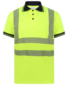 Yellow Hi vis polo shirt short sleeve with navy accents on the collar and wrist cuff. Polo Shirts have two hi vis waist bands which are heat seal and hi vis shoulder bands.
