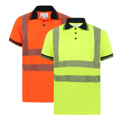 Yellow and Orange Hi vis polo shirt short sleeve with navy accents on the collar and wrist cuff. Polo Shirts have two hi vis waist bands which are heat seal and hi vis shoulder bands.