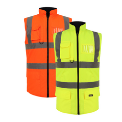 Orange and Yellow Hi vis body-warmer with two waist bands and shoulder bands. Zip fasten with a id holder, D-loop, chest and waist pockets.
