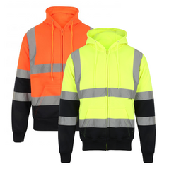 Orange and Yellow Hi vis hooded sweatshirt with two tone navy accents on the lower arms and bottom of sweatshirt. Sweatshirts have side pockets, two hi vis waist bands and hi vis shoulder bands. Sweatshirts are zip fasten.