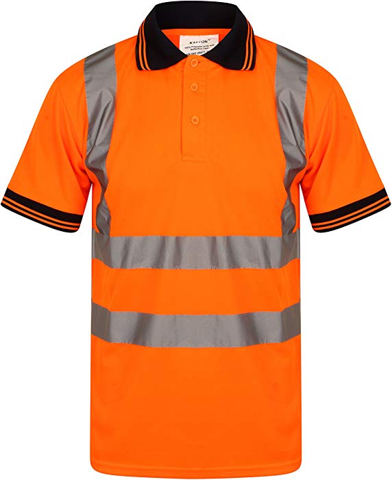 Orange Hi vis polo shirt short sleeve with navy accents on the collar and wrist cuff. Polo Shirts have two hi vis waist bands and hi vis shoulder bands. 
