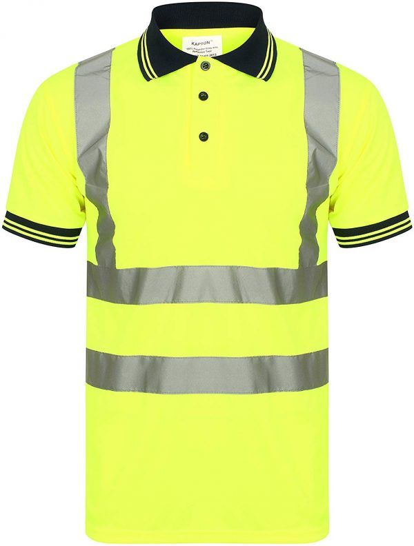 Yellow Hi vis polo shirt short sleeve with navy accents on the collar and wrist cuff. Polo Shirts have two hi vis waist bands and hi vis shoulder bands. 