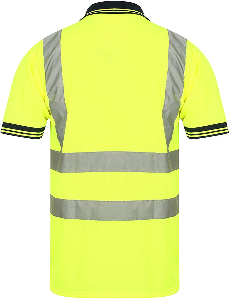Yellow Hi vis polo shirt short sleeve with navy accents on the collar and wrist cuff. Polo Shirts have two hi vis waist bands and hi vis shoulder bands. 