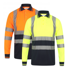 Orange and Yellow Hi vis polo shirt long sleeve with Navy accents on the collar bottom of the shirt and wrist cuff. Polo Shirts have two hi vis waist bands and hi vis shoulder bands.