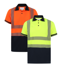 Yellow and Orange Hi vis polo shirt short sleeve with navy accents on the collar, Bottom of the shirt and wrist cuff. Polo Shirts have two hi vis waist bands which are heat seal and hi vis shoulder bands.