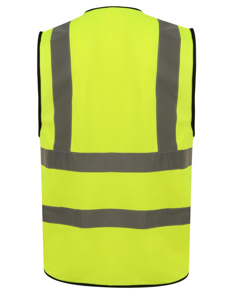 Yellow Hi vis vest with two waist bands and shoulder bands. Velcro fasten.