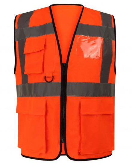 Orange Hi vis executive vest with two waist bands and shoulder bands. Zip fasten, Front pockets, D loop and Id badge holder. 