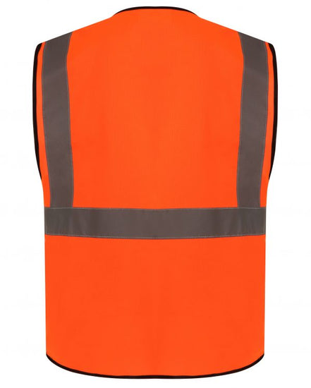 Back of Orange Hi vis executive vest with a waist band and shoulder bands.  