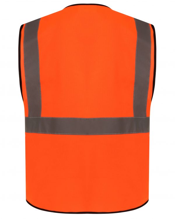 Back of Orange Hi vis executive vest with a waist band and shoulder bands.  