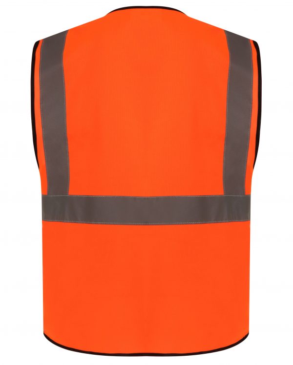 Back of Orange Hi vis executive vest with a waist band and shoulder bands.