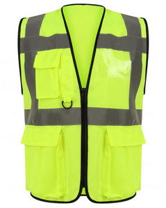Yellow Hi vis executive vest with two waist bands and shoulder bands. Zip fasten, Front pockets, D loop and Id badge holder. 