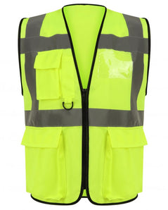 Yellow Hi vis executive vest with two waist bands and shoulder bands. Zip fasten, Front pockets, D loop and Id badge holder.