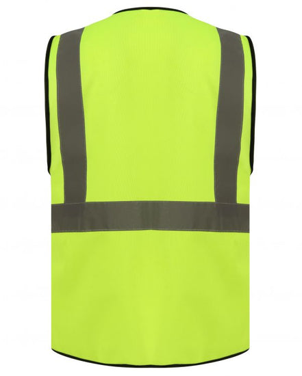 Back of Yellow Hi vis executive vest with a waist band and shoulder bands. 