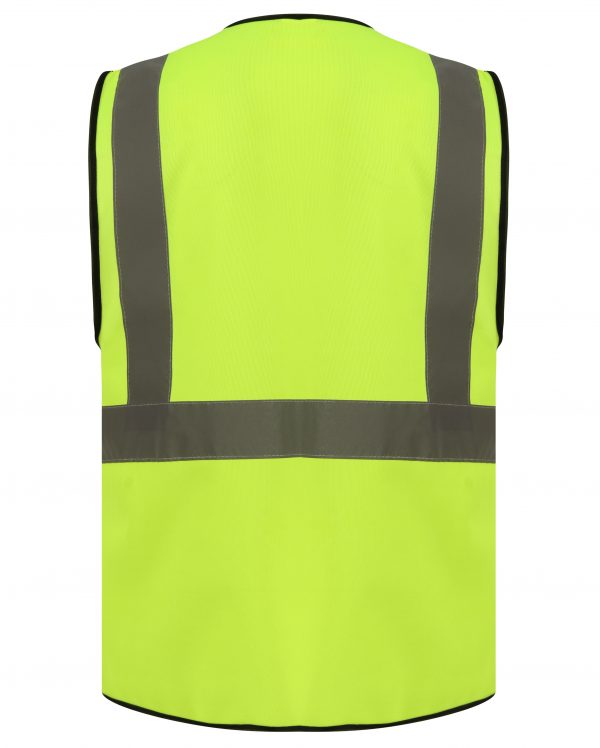 Back of Yellow Hi vis executive vest with a waist band and shoulder bands. 