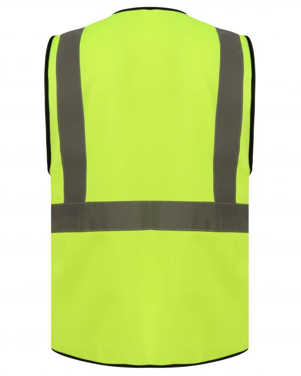 Back of Yellow Hi vis executive vest with a waist band and shoulder bands.