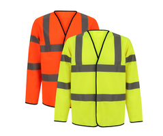 Orange and Yellow Hi vis long sleeve vest with two waist bands and shoulder bands. Velcro fasten.