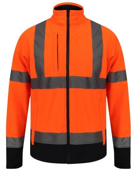 Orange Hi vis softshell jacket with two tone navy accents on the bottom of the sleeves and jacket. Two waist bands and shoulder bands. Zip fasten with an extra chest zip pocket and waist pockets.