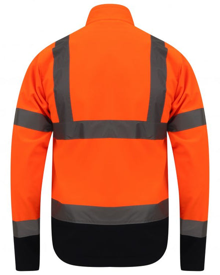 Orange Hi vis softshell jacket with two tone navy accents on the bottom of the sleeves and jacket. Two waist bands and shoulder bands. 
