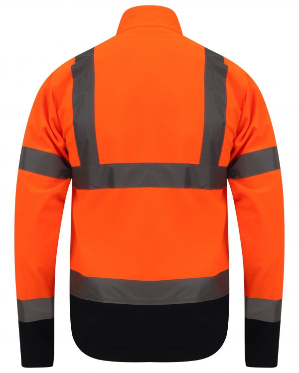 Orange Hi vis softshell jacket with two tone navy accents on the bottom of the sleeves and jacket. Two waist bands and shoulder bands. 