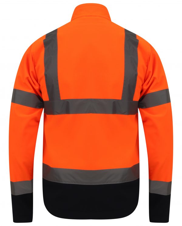 Orange Hi vis softshell jacket with two tone navy accents on the bottom of the sleeves and jacket. Two waist bands and shoulder bands.