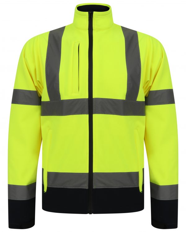 Yellow Hi vis softshell jacket with two tone navy accents on the bottom of the sleeves and jacket. Two waist bands and shoulder bands. Zip fasten with an extra chest zip pocket and waist pockets.