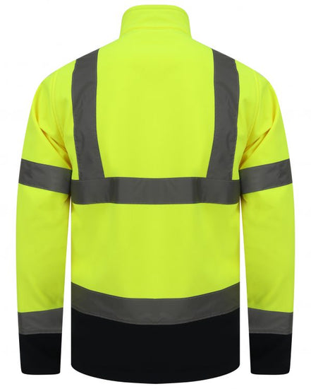 Yellow Hi vis softshell jacket with two tone navy accents on the bottom of the sleeves and jacket. Two waist bands and shoulder bands. 