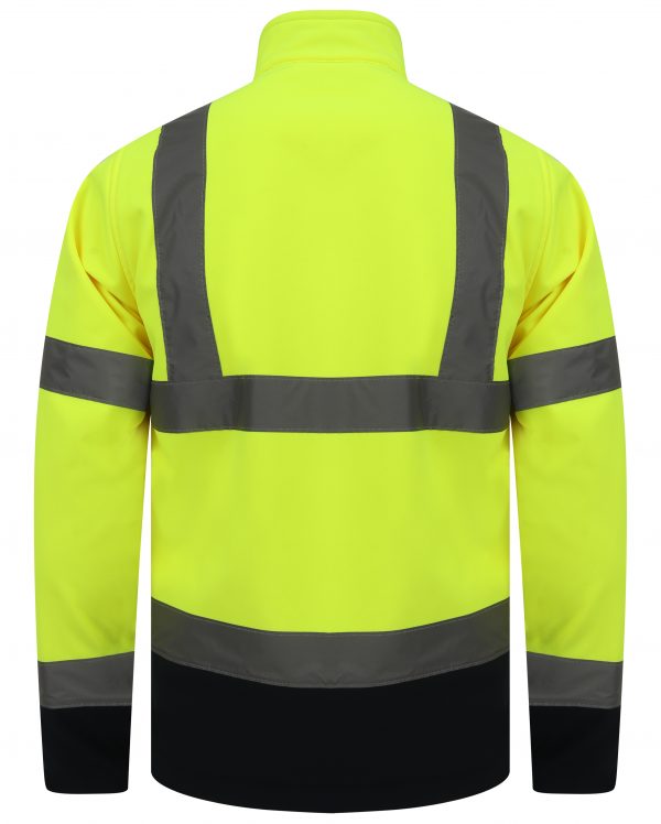 Yellow Hi vis softshell jacket with two tone navy accents on the bottom of the sleeves and jacket. Two waist bands and shoulder bands.