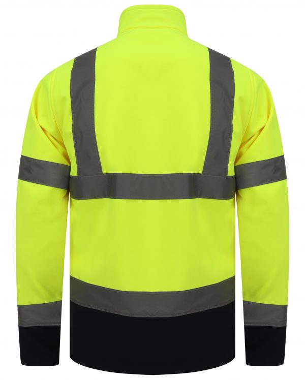 Yellow Hi vis softshell jacket with two tone navy accents on the bottom of the sleeves and jacket. Two waist bands and shoulder bands. 