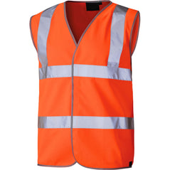 Orange Hi vis vest with two waist bands and shoulder bands. Velcro fasten.