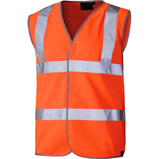 Orange Hi vis vest with two waist bands and shoulder bands. Velcro fasten.