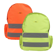 Orange and yellow hi vis backpacks with side pockets and two hi vis bands across the bag.