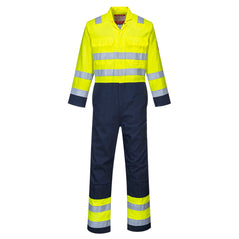Yellow and navy contrast Hi Vis Anti Static Bizflame Pro Coverall Flame resistant anti static with two chest pockets. Coverall has hi vis bands on the legs, arms and shoulders. Coverall has navy contrast on the legs bottom of the arms and the legs.