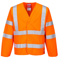 Orange hi-vis anti static long sleeve flame resistant vest with hi vis bands on the waist, arms and shoulders.