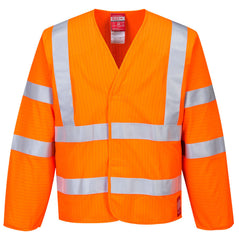 Orange hi-vis anti static long sleeve flame resistant vest with hi vis bands on the waist, arms and shoulders.