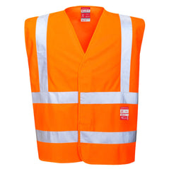 Orange hi-vis flame resistant vest with hi vis bands on the waist and shoulders.